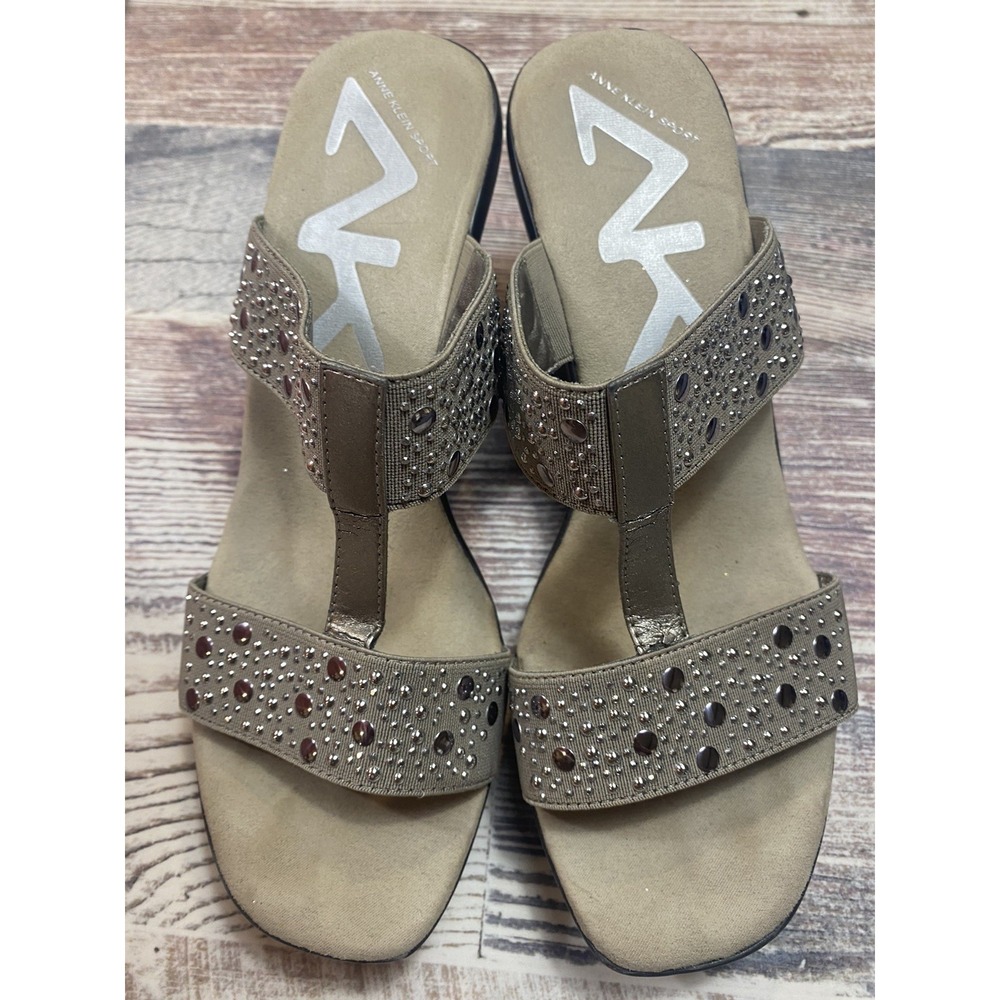 Anne Klein Sport Yolande Gray Silver Studded T-Strap Wedge Sandals Womens 9M